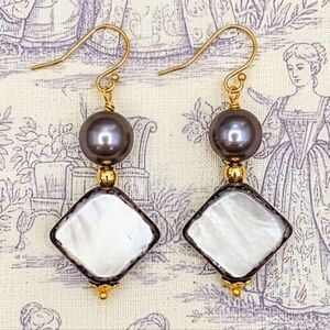 Silver Gray Mettalic Mother Of Pearl & Baroque Pearl In Gold Plated Earrings